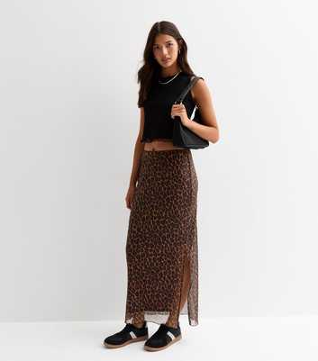 Brown Mesh Animal Print Split Hem Maxi Skirt