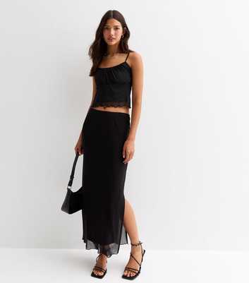 Black Mesh Split Hem Midi Skirt