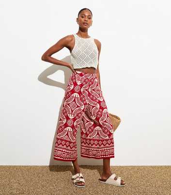 Red Abstract Print Wide Leg Cropped Trousers