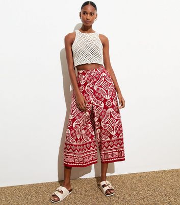 Red Abstract Print Wide Leg Cropped Trousers New Look