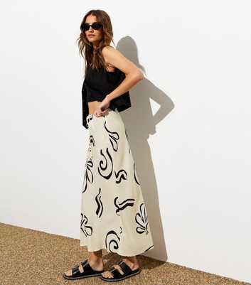 Off White Abstract Print Bias Cut Midi Skirt
