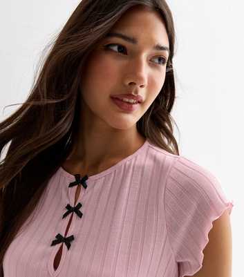 Pale Pink Ribbed Bow Detail Top