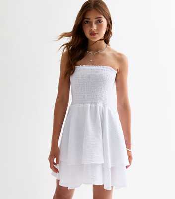 Girls White Shirred Strapless Rara Dress