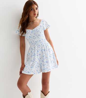 Girls White Shirred Floral Playsuit 