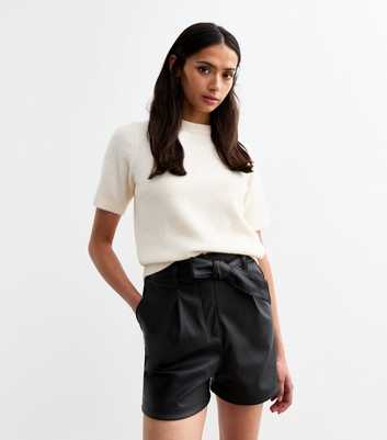 Tall Black Tie Waist Leather-Look Shorts