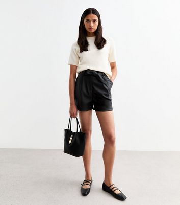 Tall Black Tie Waist Leather-Look Shorts New Look