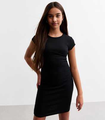 Girls Black Ruched Side Ribbed Jersey Dress