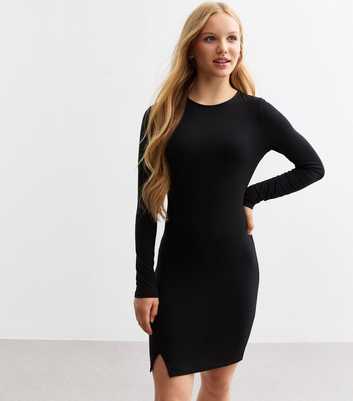 Girls Black Slit Hem Jersey Dress