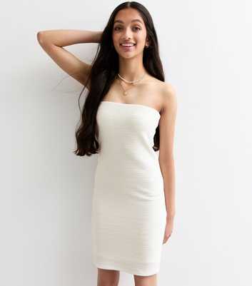 Girls White Textured Bandeau Dress