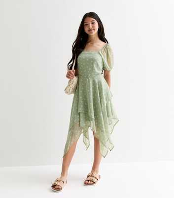 Girls Green Floral Print Hanky Hem Midi Dress