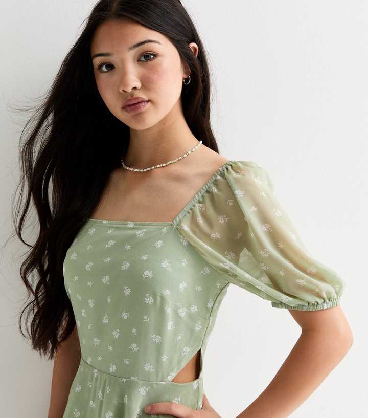 Girls Green Floral Print Hanky Hem Midi Dress | New Look