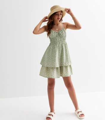 Girls Green Floral Shirred Bow-Detail Dress