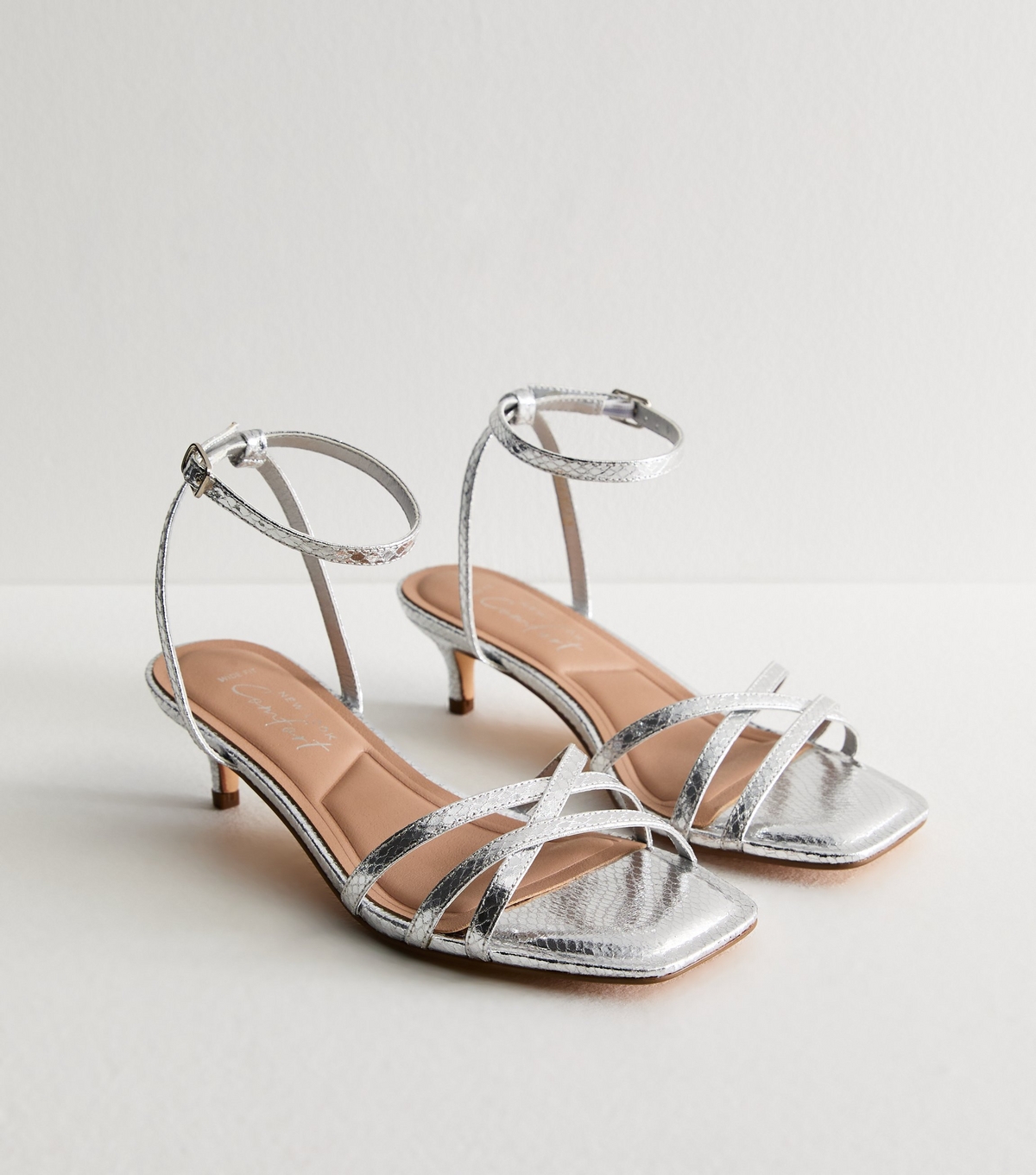 Women's Wide Fit Silver Strappy Kitten Heel Sandals Vegan New Look