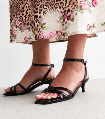 Wide Fit Black Leather-Look Strappy Kitten Heel Sandals