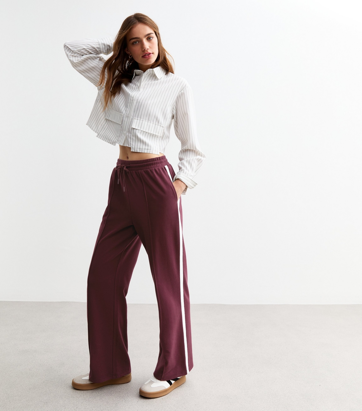 Women's Burgundy Pintuck Wide Leg Drawstring Joggers New Look