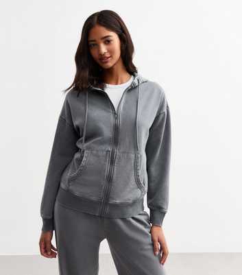 Grey Acid Wash Zip Through Jersey Hoodie