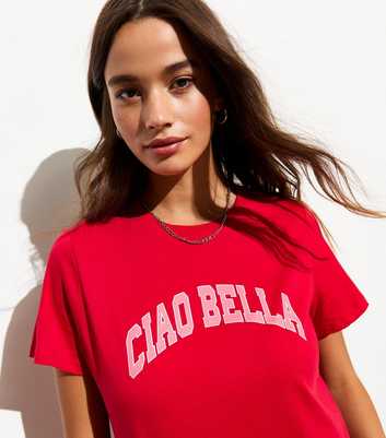 Red Cotton Ciao Bella-Print T-Shirt