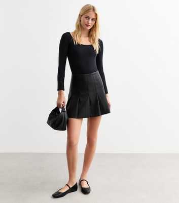 Tall Black Pleated Leather Look Micro Mini Skirt