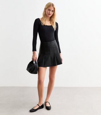 Tall Black Pleated Leather Look Micro Mini Skirt New Look