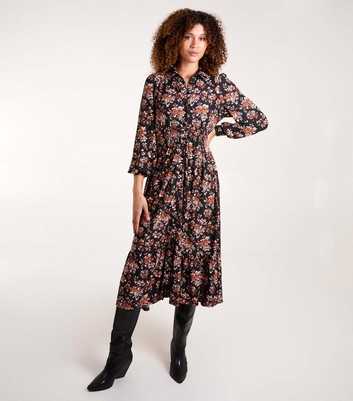 Blue Vanilla Rust Floral Print Shirred Waist Midi Dress