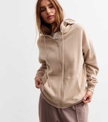 Camel Cotton Blend Zip Through Hoodie 