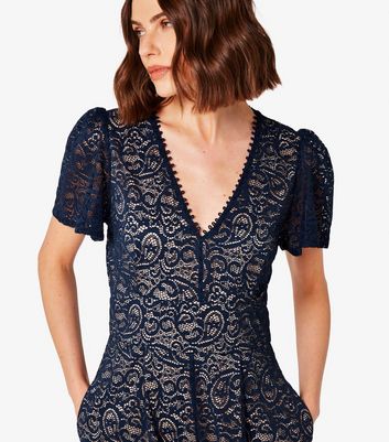 Apricot Navy Wrap Lace Jumpsuit New Look