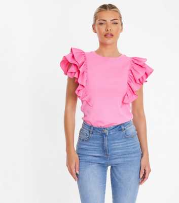 QUIZ Pink Frill-Sleeve T-Shirt 
