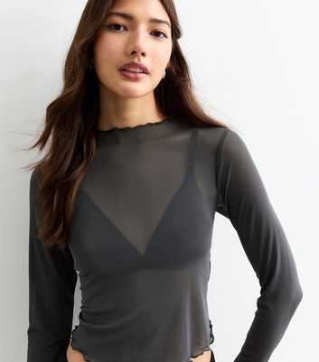 Dark Grey Long Sleeve Mesh Top 