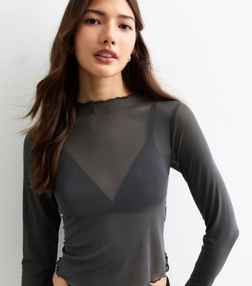 Dark Grey Long Sleeve Mesh Top New Look