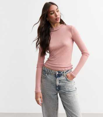 Pink Mesh High Neck Long Sleeve Top