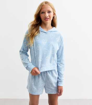 Girls Blue Heart Fleece Short Pyjama Set