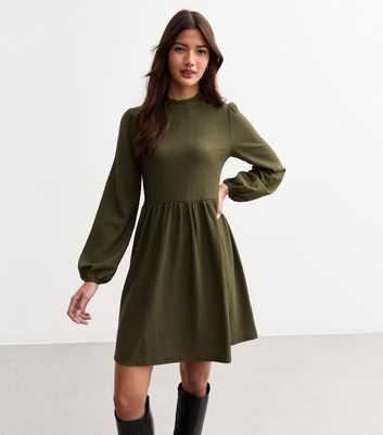 Khaki Funnel Neck Crinkle Textured Mini Dress