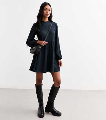 Navy Funnel Neck Crinkled Mini Dress