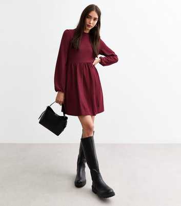 Burgundy Funnel Neck Crinkled Mini Dress