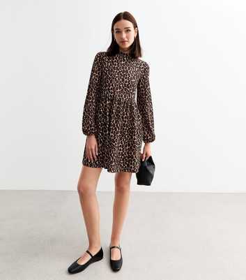 Brown Leopard Print Crinkle Funnel Neck Mini Dress