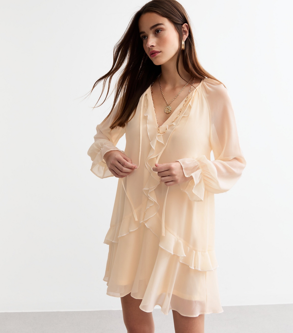 Women's Cream Chiffon Ruffle Trim Mini Dress New Look