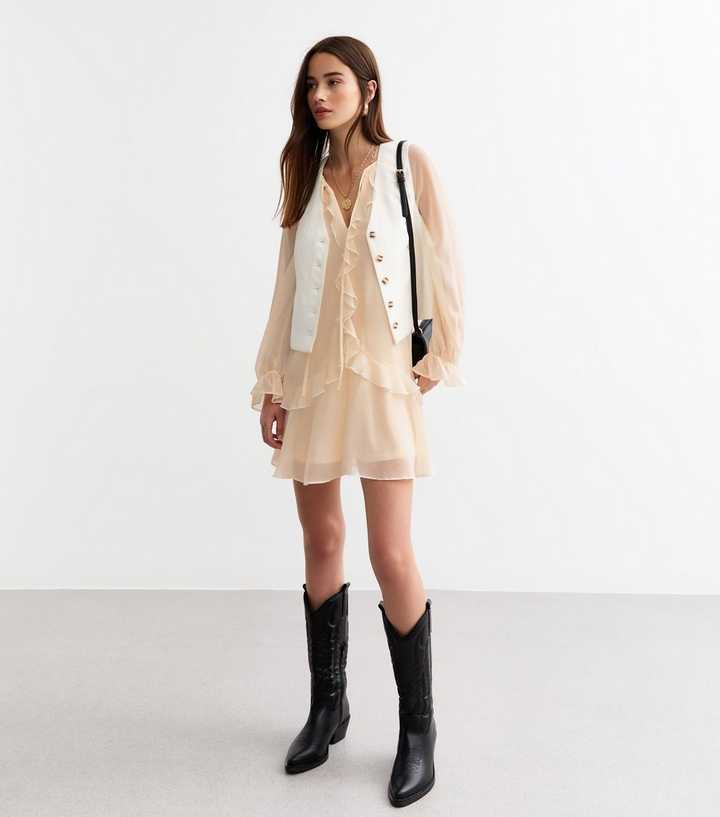 Cream Chiffon Ruffle Trim Mini Dress