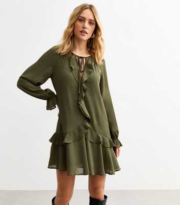 Khaki Chiffon Ruffle Trim Mini Dress