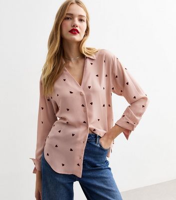 Pink Heart Print Crepe Shirt New Look