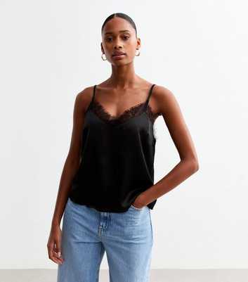 Black Satin Lace Trim Cami Top