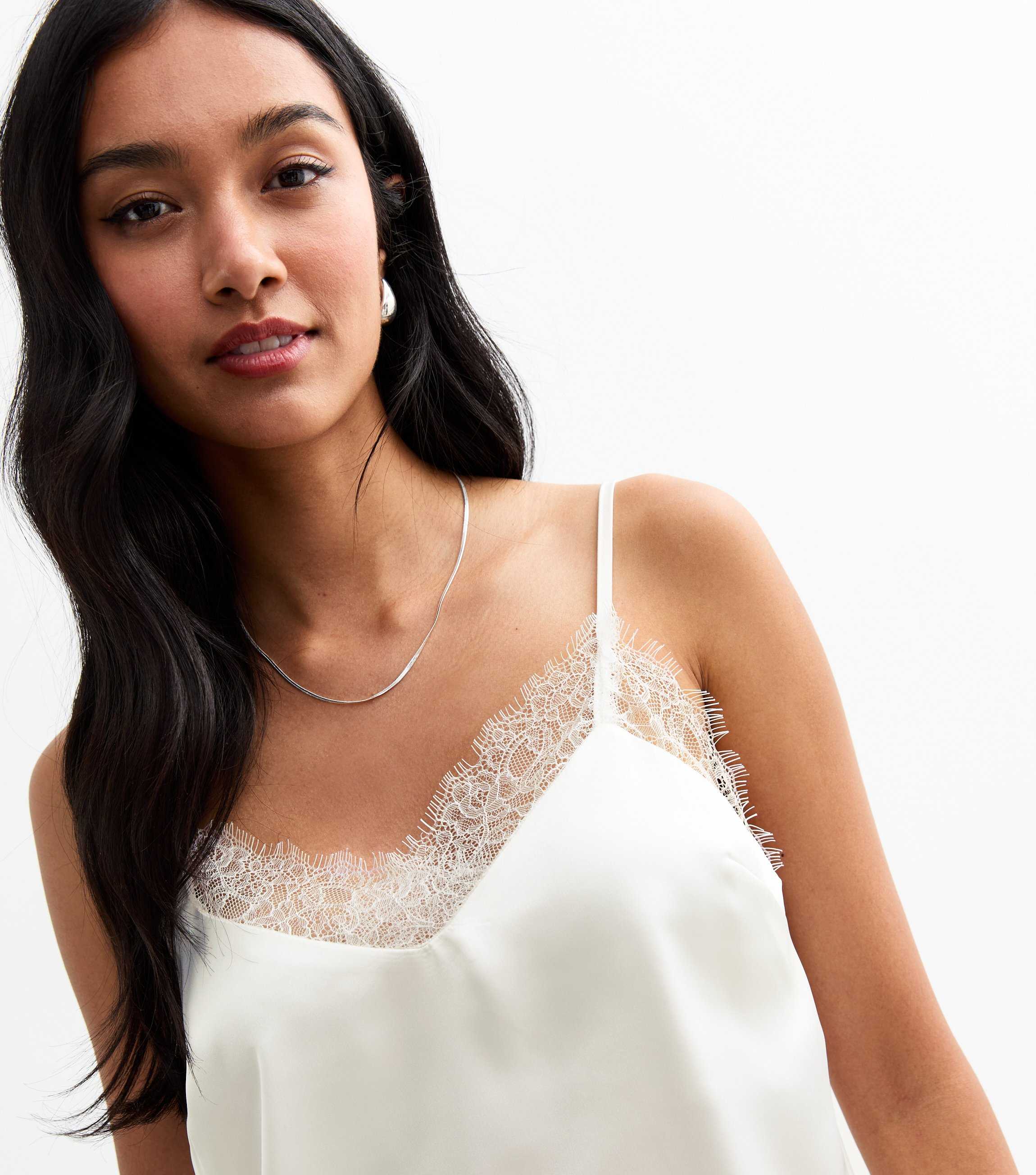 Off White Satin Lace Trim Cami Top New Look Off White Satin Lace Trim Cami Top New Look