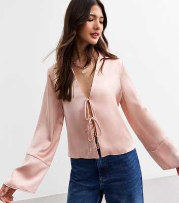 Pink Satin Tie Front Shirt 