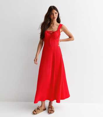Red Crinkle Square-Neck Midi Dress