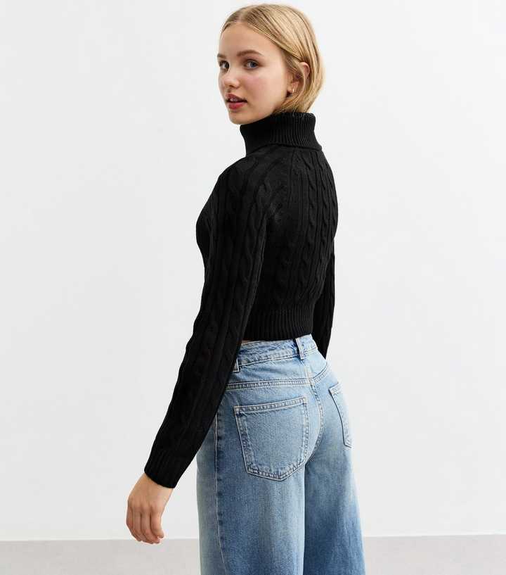 Girls Black Fitted Cable Knit Roll Neck Jumper
