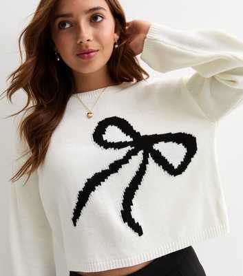 Girls White Bow Intarsia Knitted Crop Jumper