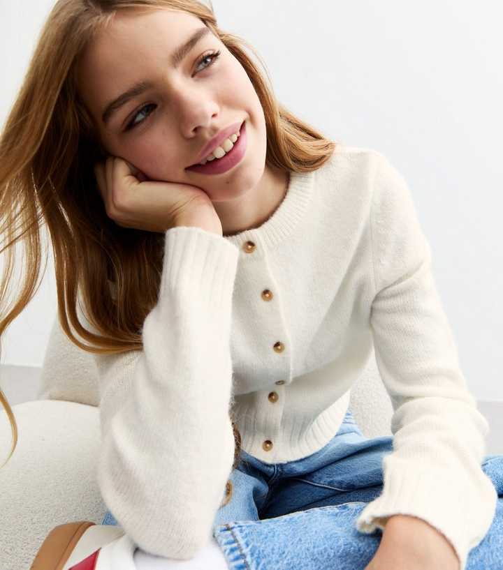 Girls Off White Crop Cardigan