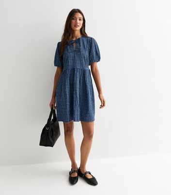 Blue Check Bow Front Mini Smock Dress