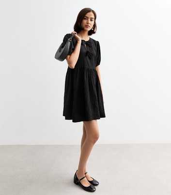 Black Crinkle Bow Mini Smock Dress