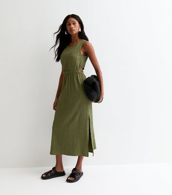 Khaki Green Crinkled Side Cutout Midi Dress New Look