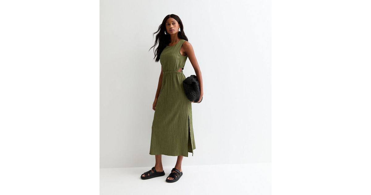 Khaki-Green Crinkled Side-Cutout Midi Dress | New Look